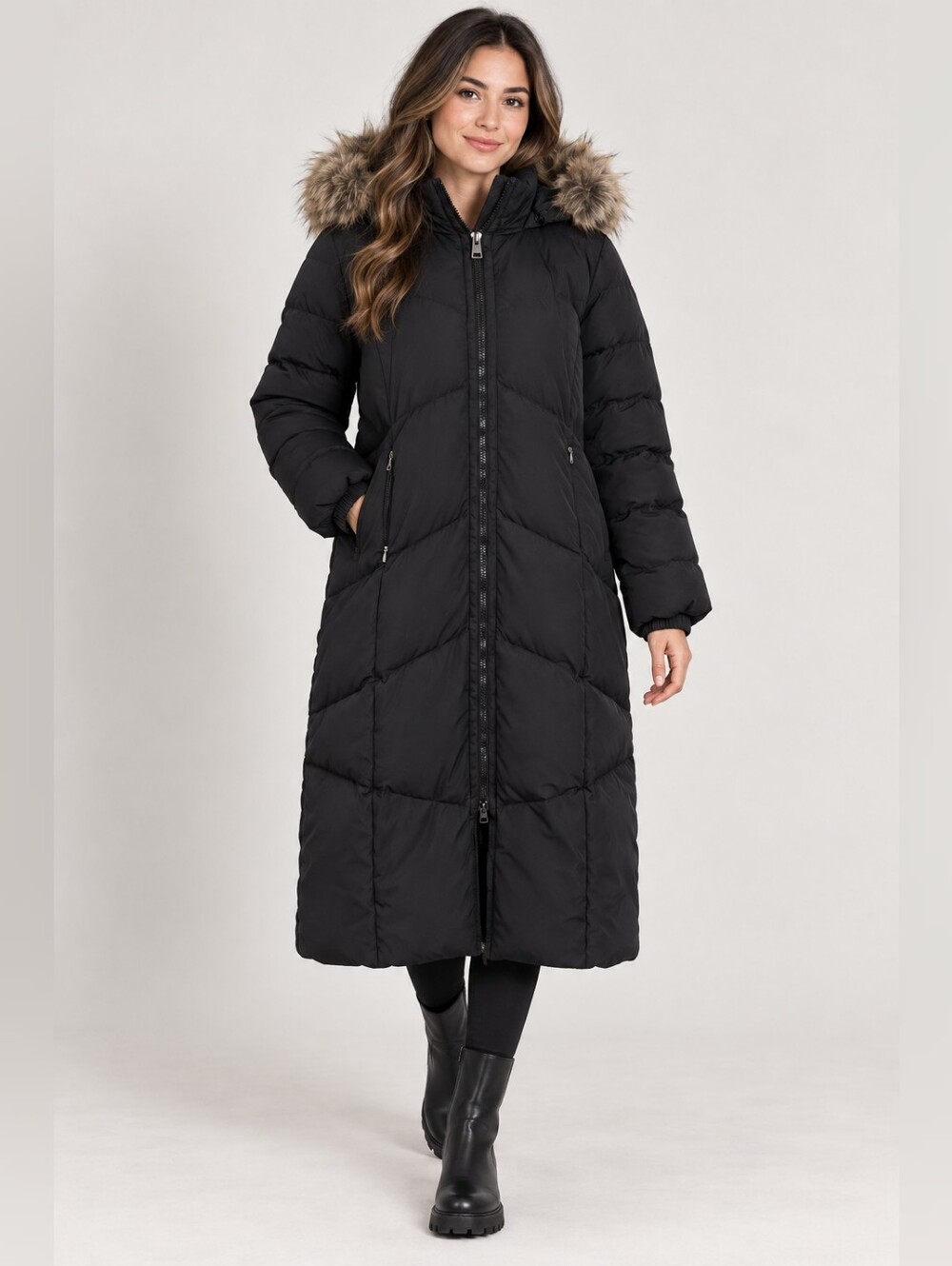 Lands' End Black Long Quilted Hooded Puffer with Faux Fur Trim